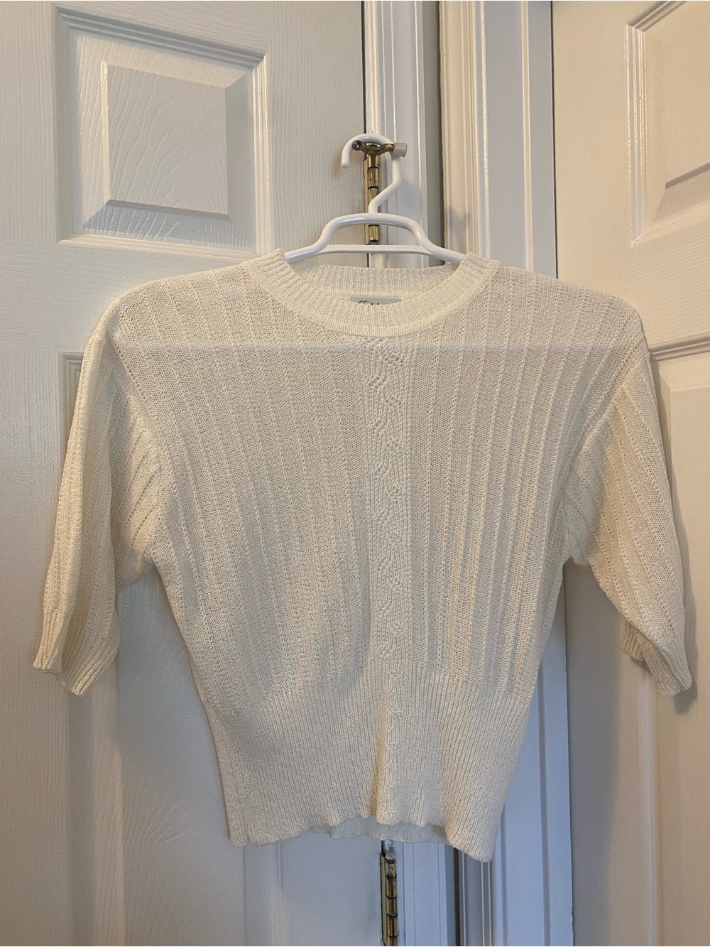 Cream Ribbed Short-Sleeve Crewneck Sweater